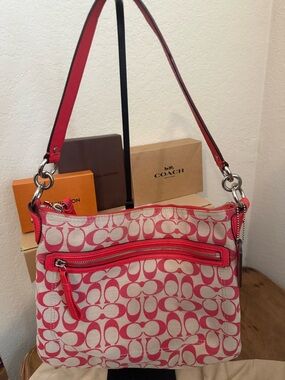 Coach Pink/Coral and Cream/Tan Signature Canvas Shoulder Bag
